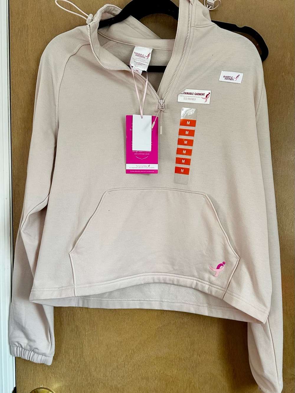Women's Pale Blush Half-Zip Hoodie with Kangaroo Pocket Breast Cancer